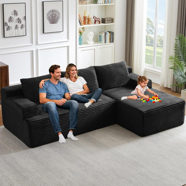 96" Modular Sectional Sofa Couches L-Shape Couch 3 Seat Modular Sofa Corduroy Memory Foam Sectional Boneless Couches for Living Room, Cloud Couch with Oversized Chaise(Black, Right Facing)3