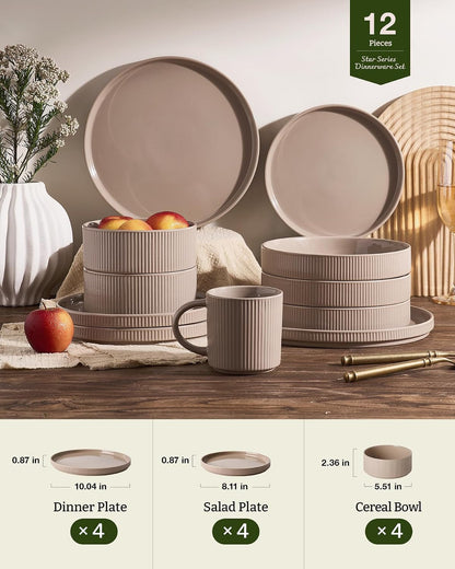 Ceramic Plates and Bowls Set, Dinnerware Sets, Ribbed Dishes for 46