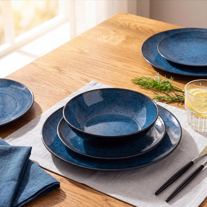 12Pcs Melamine Dinnerware Sets,Blue Melamine Plates and Bowls Set for 44
