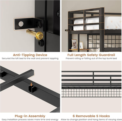 Loft Bed Twin Size with Hall Tree, Charging Station and LED Lights, Metal Loft Bed with L-Shaped Desk, 5 Storage Drawers, Heavy Duty Twin Size Bed with Stairs, No Box Spring Needed, Black8