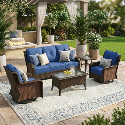 5 Piece Wicker Patio Furniture Set, High Back Outdoor Couch with Swivel Chairs & Coffee Table, 6" Thick Cushion Patio Conversation Sets with Deep Seating for Yard, Deck (Blue)3