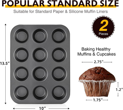 Muffin Pan for Baking, Nonstick Cupcake Tin 12 Cup, 2 Pack Cup Cake Tray, Premium Cheesecake Pans, Dishwasher Safe - Dark Grey7