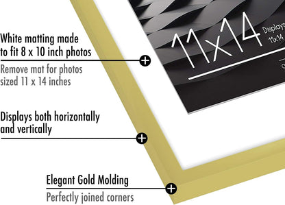 11X14 Picture Frame - Matted to 8X10 - Slim Molding - Gold3