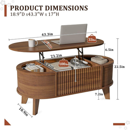 43.3'' Fluted Lift Top Coffee Table with Storage,Modern Oval Coffee Table for Living Room or Home Office（Walnut）2