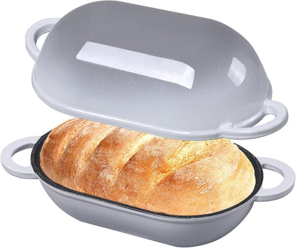 2.5 QT Enameled Cast Iron Sourdough Bread Oven, Loaf Pan with Lid | Oval Dutch Oven for Homemade Sourdough Bread Baking, Oven Safe up to 500°F, Meatloaf Pan with Dome Lid, Light Gray1