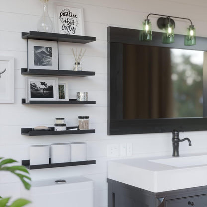 5-Set Floating Shelves with Lip, Black Wall Mounted Wood Shelf | Display Picture Ledge Shelf, Anti-Drop Lip Shelf for Room Wall Decor, Bedroom Bathroom Storage Nursery Books, Easy Setup 16In7