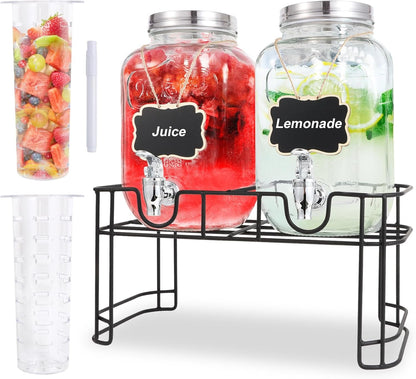1 Gallon Glass Drink Dispensers for Parties-Set of 2,Leak-Proof Spigot | 4L Drink Dispenser with Fruit Infuser & Stand,Juice or Beverage Dispenser for Bbq,Picnic,Weddings,Lemonade Stand Supplies1