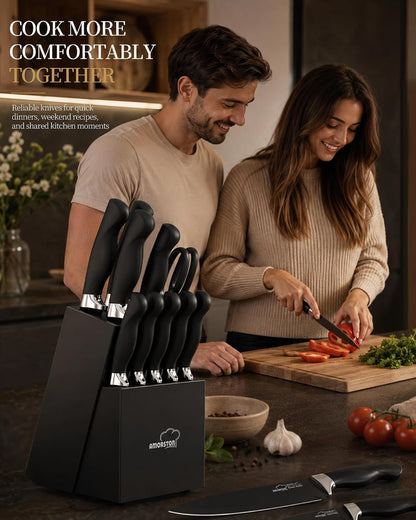 Knife Set 15 Piece Kitchen Knife Set with Block | Built in Sharpener, German Stainless Steel, Dishwasher Safe, Black Kitchen Knives Complete Set, for Home Cooking & Gifting7