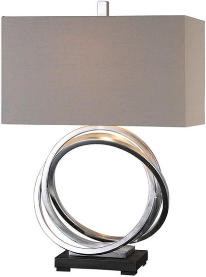 Steel and Linen Rings Table Lamp, 27.5 in Height, Silver and Light Beige Finish, Rectangle Hardback Shade, 3-Way Socket, 1 Light, 150W, Modern Accent Lighting for Living Room or Bedroom1