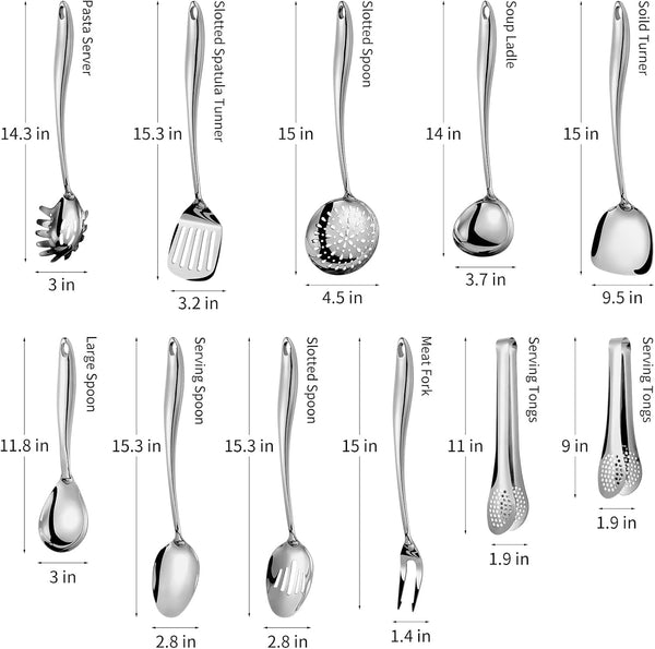 304 Stainlss Steel Kitchen Utensils Set, 11 Pcs Long Metal Cooking Utensil Gadgets Tools Set with Spatula, Spoon, Ladle, Skimmer, Turner, Pasta Server, Tongs(Mirror Polished, Dishwasher Safe)2