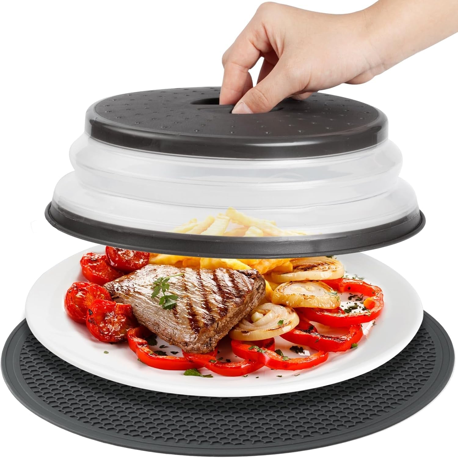 microwave-splatter-cover-silicone-mat-10inch-black-collapsible-vented-reusable-food-guard-plate-cover-heat-resistant-trivet-for-pots-pans-kitchen-counter