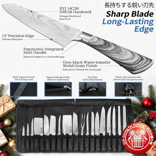 19-Piece Kitchen Knife Set, Damascus Pattern Stainless Steel Blades, Ergonomic Grey Wood-Effect Handles, Multipurpose Professional Chef Knives for Cooking | Multi-Size Knives for Different Scenarios, Acacia Wood Cutting Board Included, Ergonomic Grey Wood-Effect Handles5