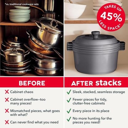 Stacks 16-Piece Ceramic Nonstick Cookware Set with Electric Burner, Pots and Pans Set, Stackable Nesting Kitchen Pots and Pans, Small Kitchen, Oven Safe, Forged Iron3