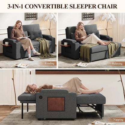 65'' Convertible Futon Sofa Bed, Fabric Pull Out Couch, Dark Grey6