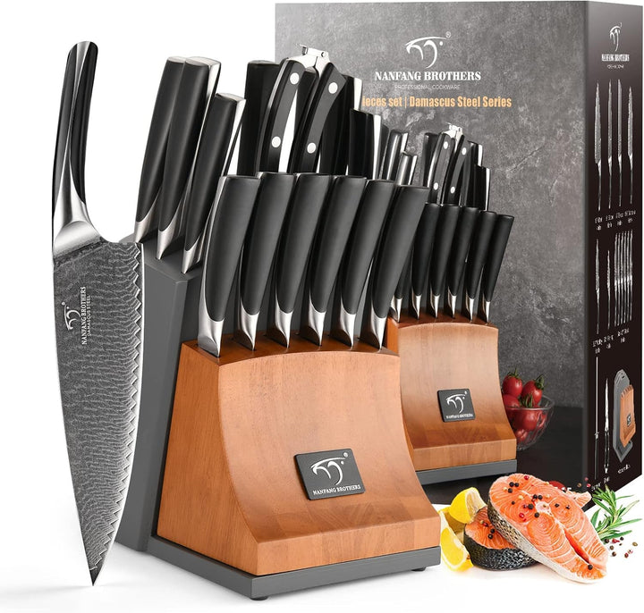 15-Pc Damascus Knife Set VG10 Steel Block | 15-Piece Set with VG10 Steel Core, 67-Layer Damascus, Hrc60+ Razor Edge, Abs Ergonomic Handles, Shears & Sharpener Included