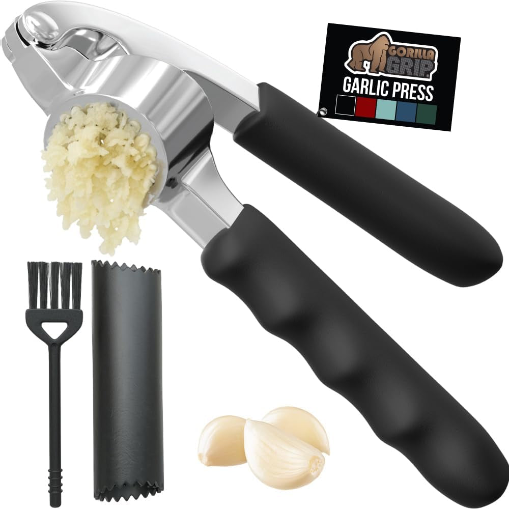 gorilla-grip-garlic-press-and-peeler-set-heavy-duty-mincer-black-large-chamber-for-cloves-soft-comfortable-handle-easily-mince-and-crush-garlics-nuts-seeds-ginger-home-kitchen-gadgets