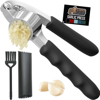 GORILLA GRIP Garlic Press and Peeler Set, Heavy Duty Mincer, Black | Large Chamber for Cloves, Soft Comfortable Handle, Easily Mince and Crush Garlics, Nuts, Seeds, Ginger, Home Kitchen Gadgets1