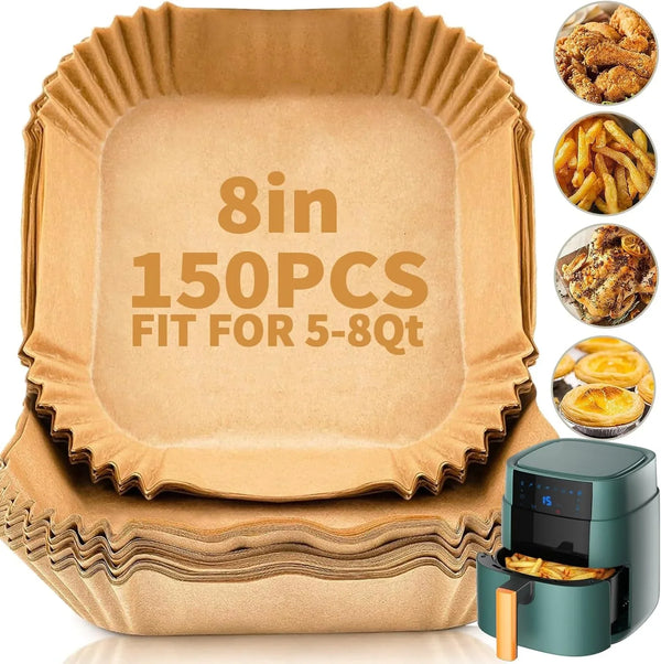 150 PCS Air Fryer Disposable Paper Liners,8 Inch Square Parchment Disposable Paper Liner for 5-8QT Air Fryer,Baking, Roasting and Microwave, Non-Stick Airfryer Accessories11