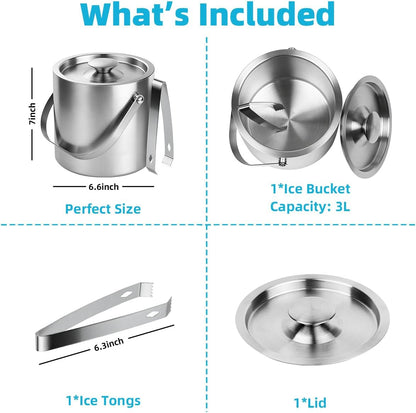 3L Double-Wall Stainless Steel Ice Bucket with Lid & Tongs | Long Lasting Insulation, Keeps Ice Chilled, for Champagne Wine Cocktails, Ideal for Parties Home Bar & Freezer Use2
