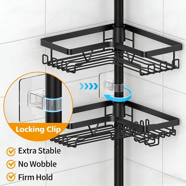 Black Shower Caddy Tension Pole with 2 Towel Bars, Adjustable Corner Bathroom Organizer, Rustproof Bathtub Storage Shelves for Shampoo, 25–114.2 Inch Shower Corner Rack for Renters & Family3