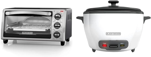BLACK+DECKER 4-Slice Toaster Oven, TO1313SBD, Even Toast, 4 Cooking Functions Bake, Broil, Toast & Rice Cooker 6-Cup (Cooked) with Steaming Basket, Removable Non-Stick Bowl, White1