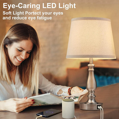 Lamps for Bedrooms Set of 2, Brushed Nickel Bedside Lamps with USB C+A Ports,Dimmable Nightstand Lamps with Fabric Lampshade, Touch Table Lamp for Living Room Bedroom Office, Bulbs Included6