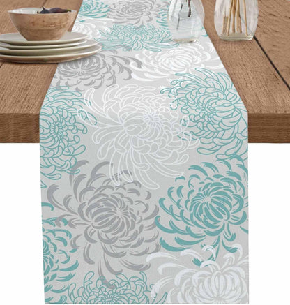 Aqua Chrysanthemum Flowers Table Runner-Cotton Linen-Long 13X120 Inches Dresser Scarves,Floral Grey Tablerunner for Kitchen Coffee/Dining/End Table Bedroom Living Room,Scarf Decor for Holiday1