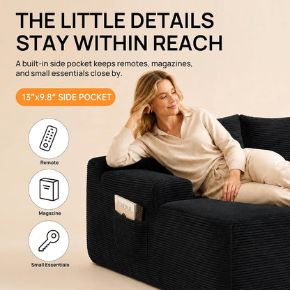 Black 96.9 Inch Right Chaise Sectional Sofa, Boneless Corduroy Cloud Couch with Spring Coils & High-Resilience Foam, Deep Seat Oversized Compact Living Room Set, No Assembly, Stain-Resistant Fabric5