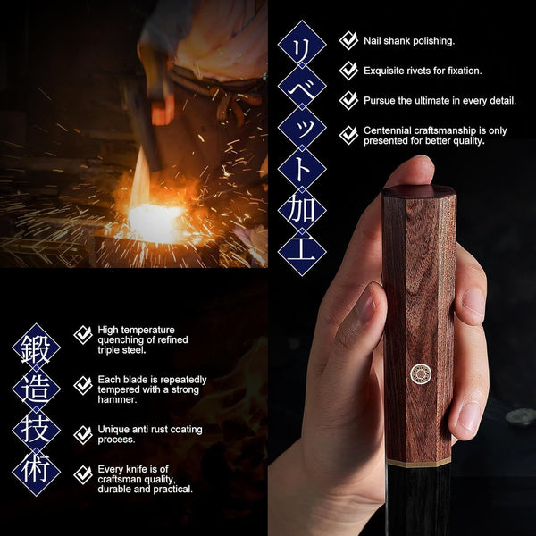 Japanese Santoku Knife, 7 Inch Chef Knife 5 Layer 9CR18MOV Clad Steel for Meat Cutting, Super Sharp Kitchen Cooking Knife with Ebony Bolster African Rosewood Handle -Wooden Box6