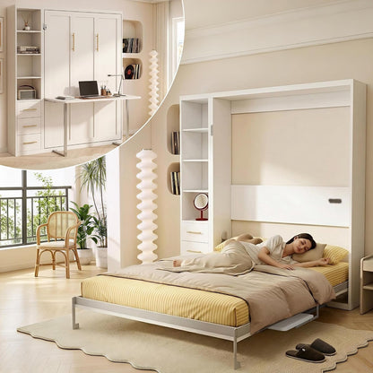 Queen Murphy Bed with Desk & Storage,4-Smooth Hydraulic Lift, White1