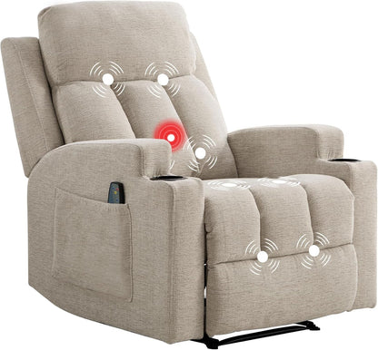 Manual Recliner Chair with Massage and Heat,Comfy Recliner Chair Sofa with Overstuffed Arms and Back, Manual Reclining Single Sofa with 2 Cup Holders, Side Pocket for Living Room,Beige9