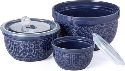 Ceramic Mixing Bowls 3-Piece: Nesting Ceramic Bowls with Lids - Microwave Safe for Kitchen Baking and Serving - Ideal for Home Bakers (Navy)1