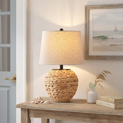 23’’ Rattan Table Lamp with Natural Woven Water Hyacinth Basket Base & Linen Drum Shade, Boho Farmhouse Bedside Lamp for Living Room Bedroom, Includes 3-Color Temperature LED Bulb9