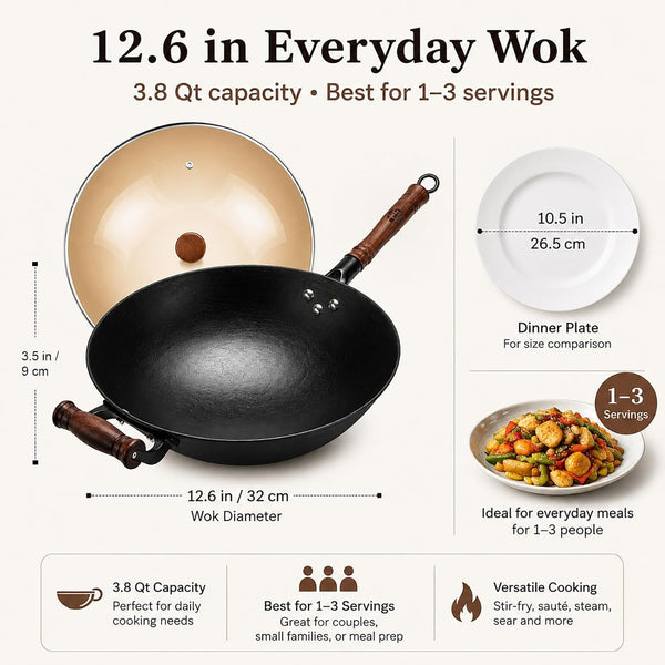 12.6 Inch round Bottom Cast Iron Wok with Glass Lid, Chinese Stir Fry Pan for Gas Stove & Open Flame, Uncoated Clay-Mold Texture, Wok Ring Required, Seasoning Needed3
