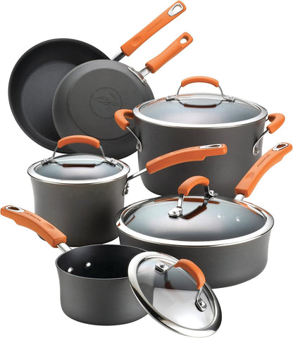 Brights Hard-Anodized Aluminum Nonstick Cookware Set with Glass Lids, 10-Piece Pot and Pan Set, Gray with Orange Handles1