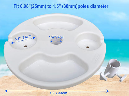 13" Portable Beach Umbrella Table Tray White | for Beach, Patio, Garden, Swimming Pool with Cup Drinks Holders, Snack Compartments Lightweight and Easy to Carry8