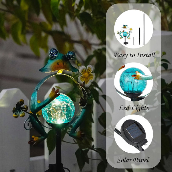 31-Inch Solar Frog Garden Stake with LED Lights, Metal Whimsical Frog Decor for Lawn & Flower Beds, Cute Amphibian Yard Art with Ground Spike, Outdoor Solar Light for Garden Pathway4