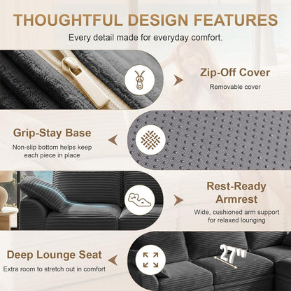 Upgraded Boneless Couch with Storage, Sectional Couches for Living Room, L-Shaped Modular Cloud Corduroy Sofa with Ottoman & Pillows, Oversized Deep Seat Memory Foam Couch, No Assembly(Gray, 107" L)4