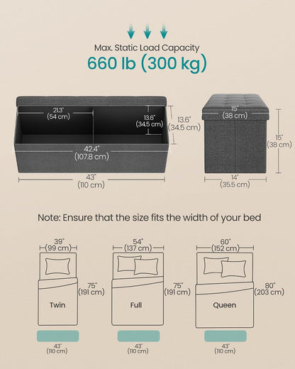 SONGMICS MAZIE Collection - 43 Inches Folding Storage Ottoman Bench, Ottoman Foot Rest, End of Bed Bench, Storage Chest, Load 660 Lb, for Living Room, Bedroom, Entryway, Dark Gray ULSF77K2