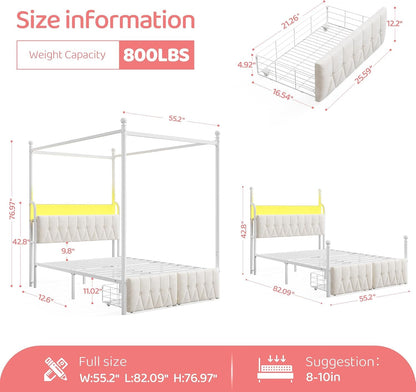 Full Canopy Bed Frame with Drawers and LED Lights & Charging,White2