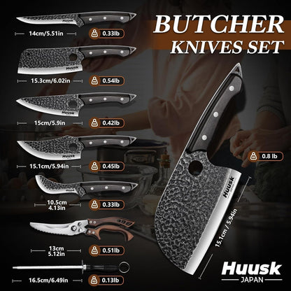 8PCS Butcher Knife Set with Roll Bag, Gifts for Men | Serbian Chef Knife Set with Sharpening Rod and Poultry Shears, Hand Forged Full Tang Meat Cleaver for BBQ, Camping, Kitchen6
