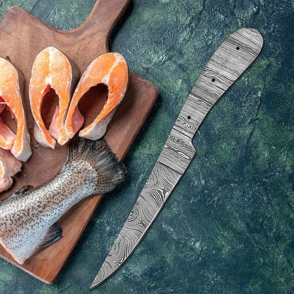 Damascus Steel Fillet Knife Kit, 10 Inches Overall, Fixed Blade, DIY Knifemaking Supplies. Kitchen Knife, Fish Fillet Blank Blade, Large, Amj-Fillet-018