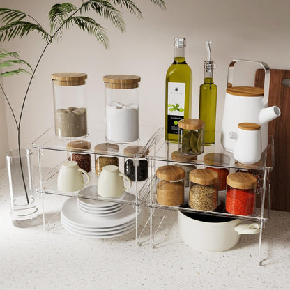 2 Pcs Cabinet Organizer Shelf, Stackable Kitchen Counter Shelves, Spice Rack,Countertop Organizers, Clear Plastic Storage Shelves Rack for Makeup,Bathroom,Cupboard,Desk,Pantry Organization2