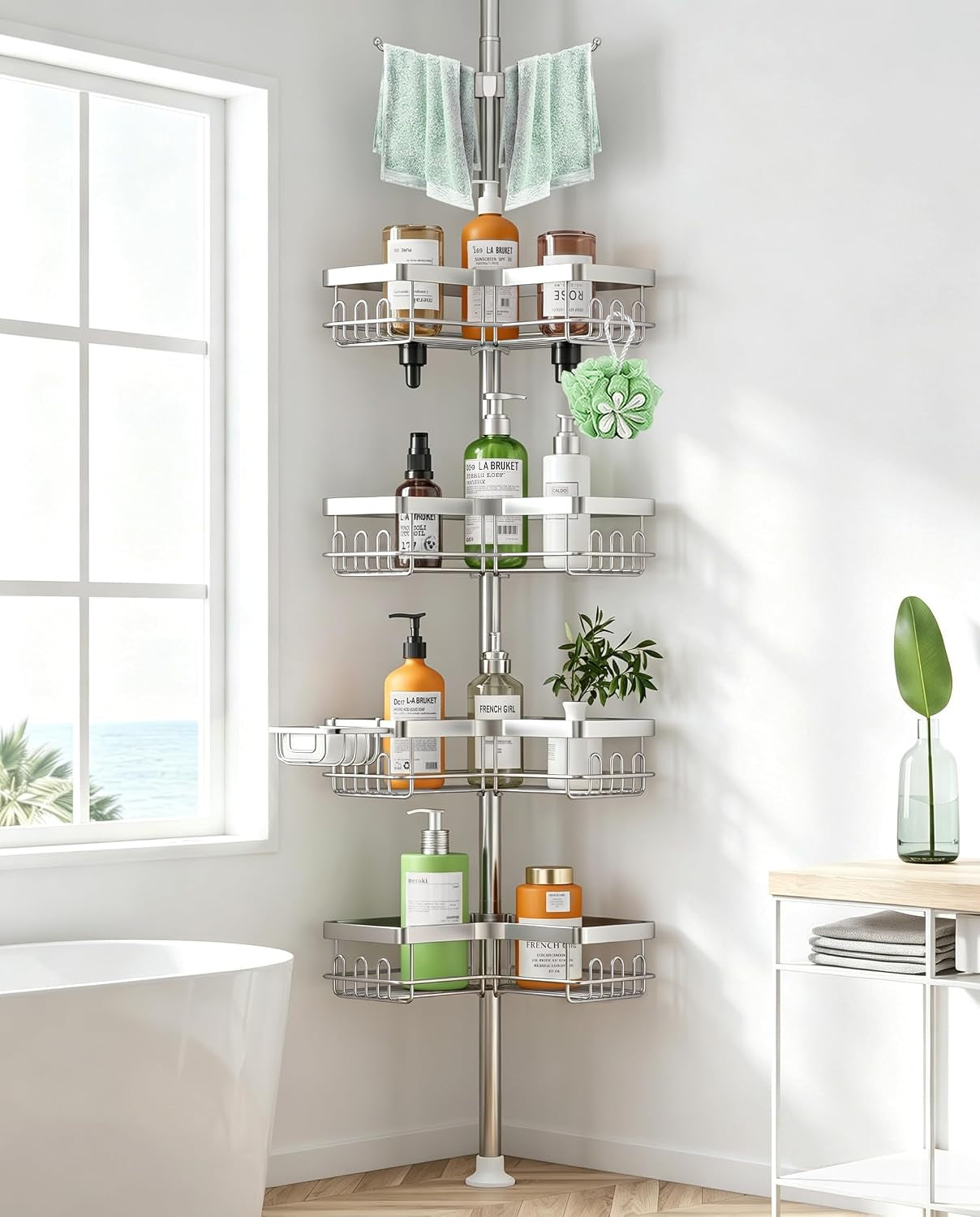 corner-shower-caddy-tension-pole-4-tier-rustproof-bathroom-organizer-shelves-for-inside-shower-bathtub-shampoo-storage-26-to-120-adjustable-standing-rack-with-towel-rack