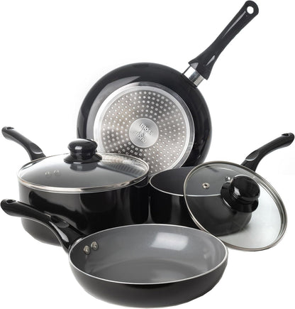 6 Pcs Black Nonstick Cookware Set, Induction Cookware | Pots and Pans Set Non Stick with Glass Lid, Stay-Cool Handle PTFE/PFOA Kitchen Pots 6-Piece with Frying Pans & Saucepan8