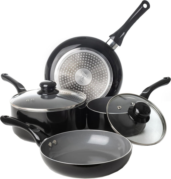 6 Pcs Black Nonstick Cookware Set, Induction Cookware | Pots and Pans Set Non Stick with Glass Lid, Stay-Cool Handle PTFE/PFOA Kitchen Pots 6-Piece with Frying Pans & Saucepan8