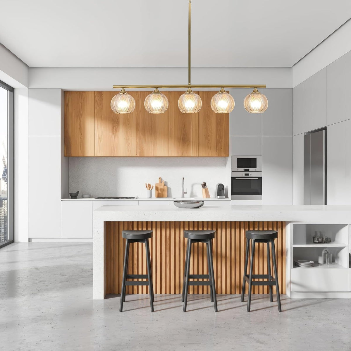 modern-brushed-brass-linear-chandelier-amber-ribbed-glass-shade-5-lights-gold-mid-century-sputnik-globe-pendant-light-farmhouse-ceiling-hanging-light-fixture-dining-room-kitchen-island