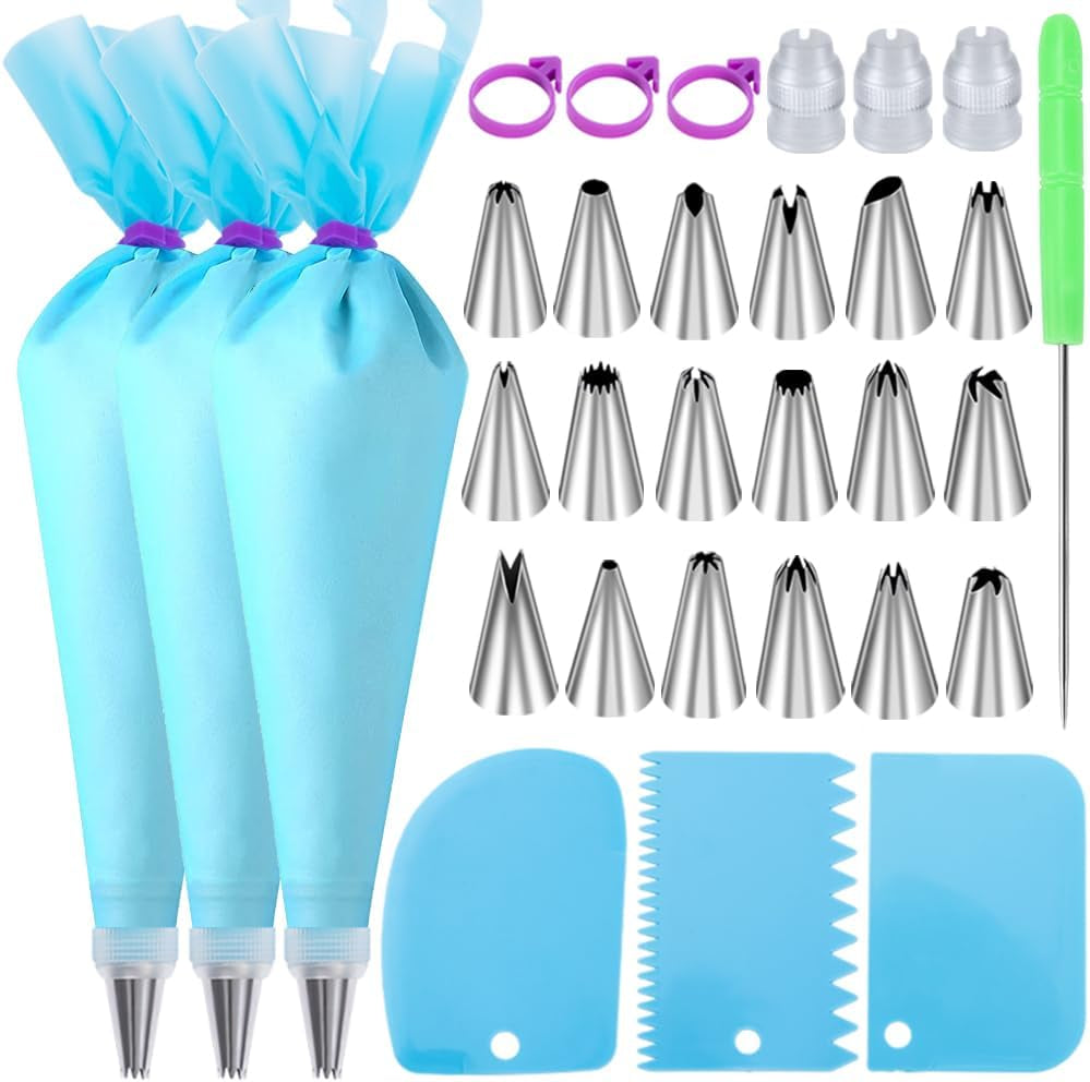 piping-bags-and-tips-set-cakes-decorating-kit-reusable-pastry-bags-3-reusable-pastry-bags-18-frosting-tips-3-couplers-3-bag-ties-3-cake-scraper-1-cake-decorating-tools-for-cookie-icing