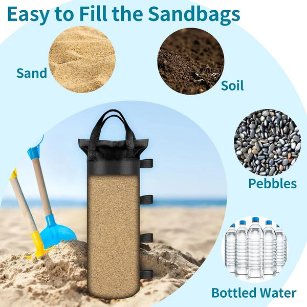 4 Pack Sand Bags 6X20 Inch Heavy Duty for Canopy Tent Weights | Holds 26 Lbs Each, 800D Oxford Cloth with Waterproof Coating and Hook and Loop Straps6