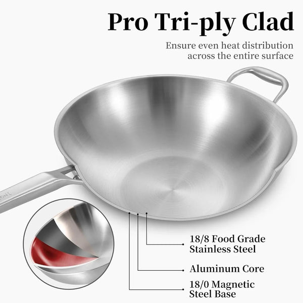 13 Inch Stainless Steel Wok with Lid, Detachable Handle | Uncoated Tri-Ply Stainless Steel Stir Fry Pan, Everyday Cooking Wok for Induction, Flat Bottom, Dishwasher & Oven Safe2